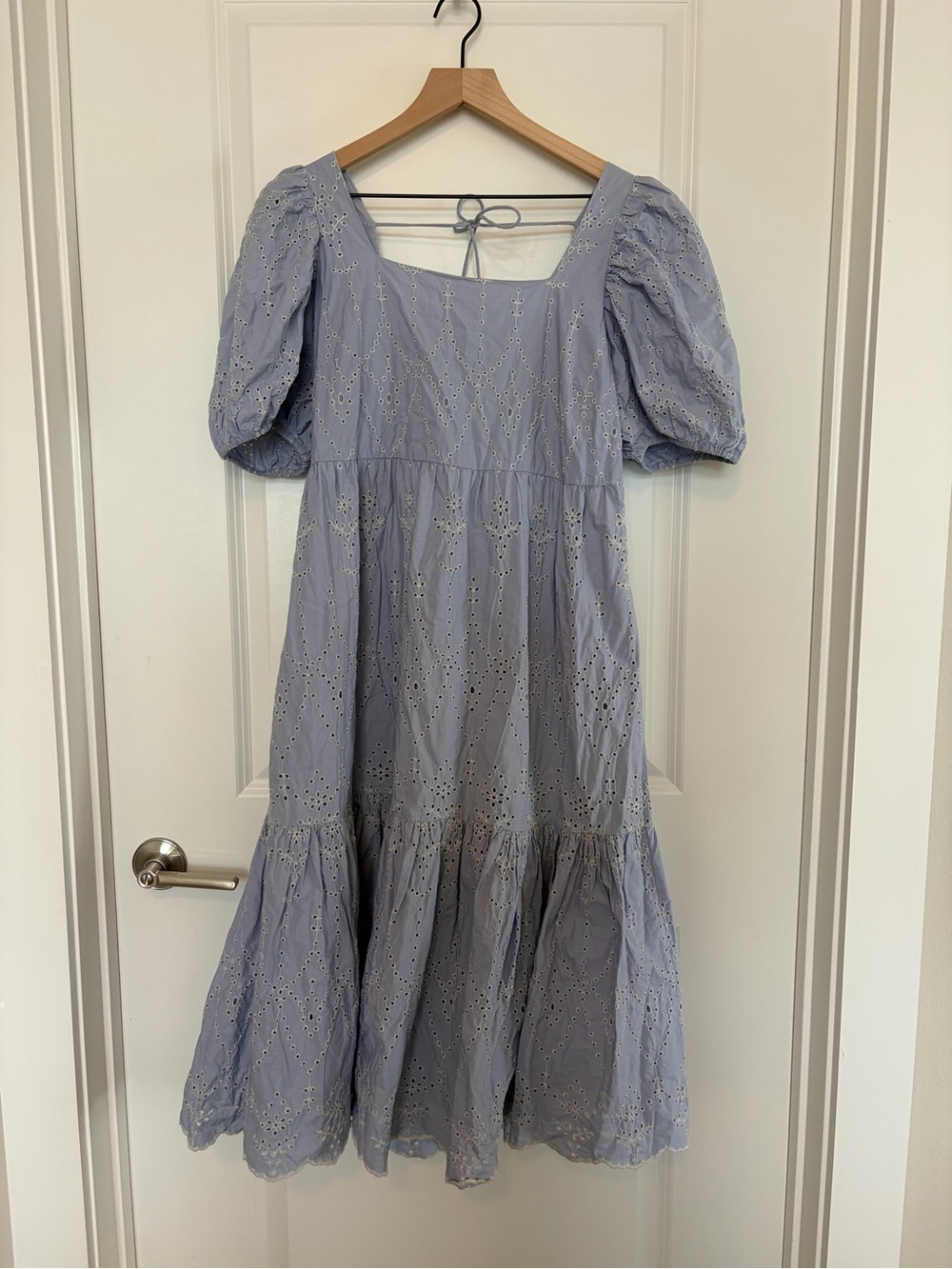 Baby Blue Eyelet Puff Sleeve Midi Dress with Tie Back